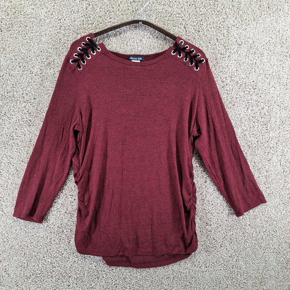Olivia‎ Blu Top Women L Burgundy Lace Up Shoulder Ruched Side Casual Boho